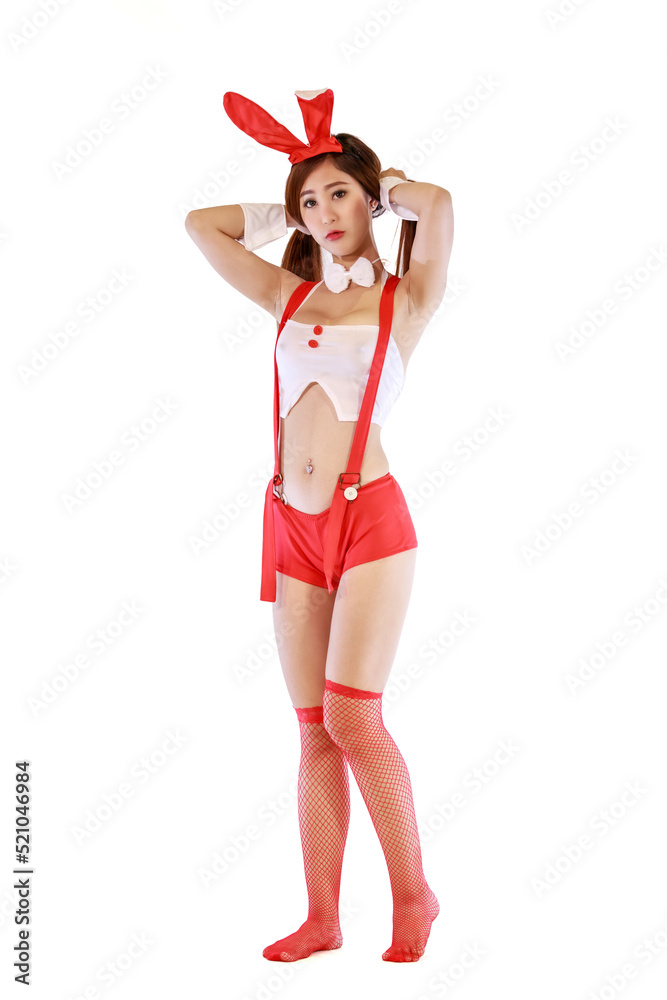 Easter holidays concept, young asian girl wearing bunny ears and sexy white, red dress in studio shot on white background isolate Easter holidays concept, young asian girl wearing bunny ears and sexy white, red dress in studio shot on white background isolate