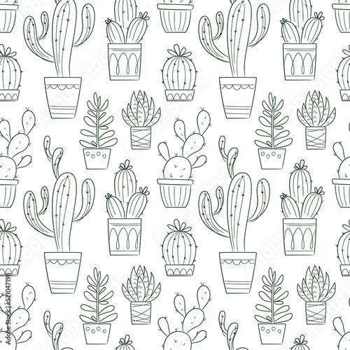 Vector seamless pattern with outline hand drawn cactus and succulents. Cacti in pots. Beautiful floral design elements, perfect for prints and surface. Repeating hand drawn background