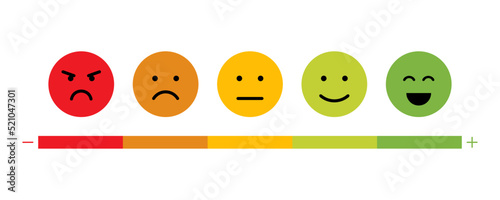 Badge with happy and unhappy faces icons. Feedback rating scale of red, orange, yellow, light green and green emoticon. Flat vector illustration