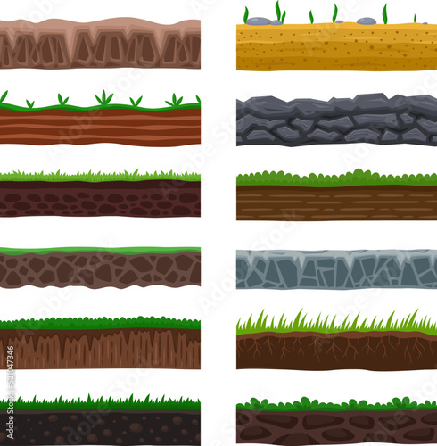 Seamless cartoon grounds. Road games platform, garden lands textures. Foreground gaming design, soil types and rocks garish vector background set