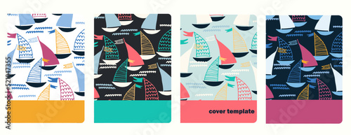 Set of cover page vector templates based on seamless patterns with sailing boats. Perfect for kids exercise books, notebooks, diaries, presentations