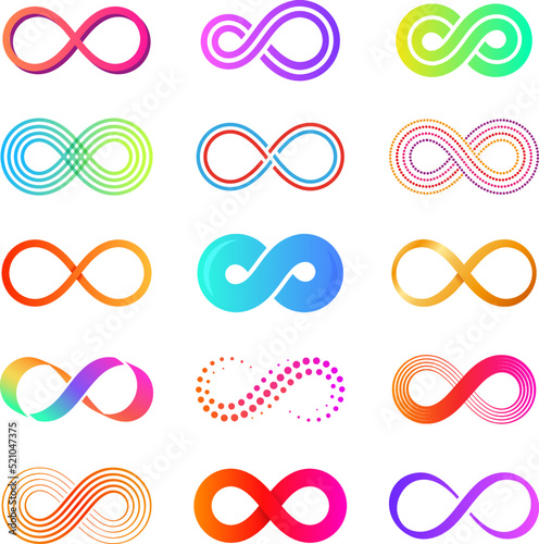 Flat eternity icons. Endless infinity eternal concept symbols, isolated mobius loop colorful collection. Infinite loops, graphic cycle tattoo tidy vector signs