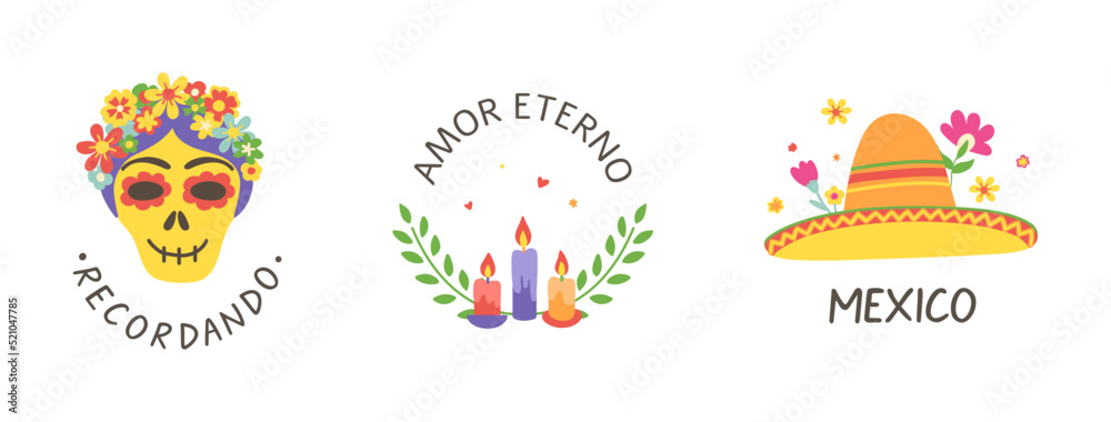 Day of the Dead cards set. Dia de Muertos hand lettering with skull print. Mexico icon with sombrero and flowers. Mariachi logo. Mexican party. All souls day poster. Amor eterno. Vector illustration