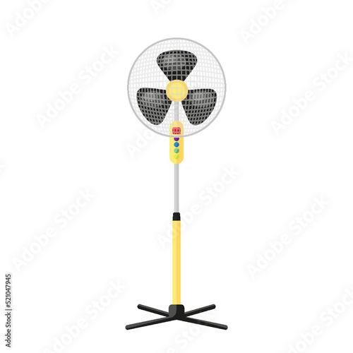 Fan airflow cool wind cold ventilator yellow flat. Electric device foot pedestal home office equipment cooling room ventilation air purification circulation blade rotate climate control smart home