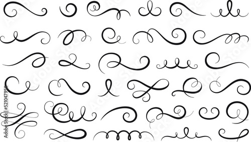 Calligraphy flourish swirls. Decorative filigree and ornamental hand design. Modern flourishes isolated swashes, cursive separator swirl racy vector set