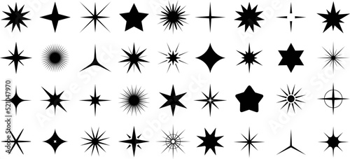 Black stars shapes set. Graphic minimal star rays, sparkling silhouette modern symbols. Geometric twinkle icons, different christmas, party, festive racy vector elements