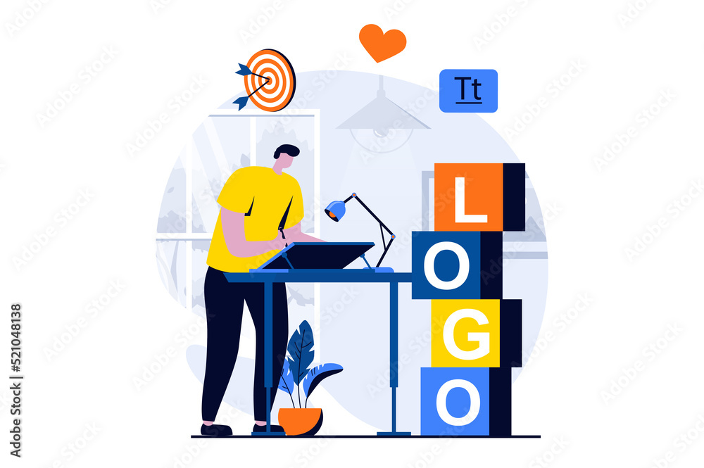 Branding team concept with people scene in flat cartoon design. Man drawing logo and working on brand development and corporate identity, business promotion. Illustration visual story for web