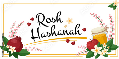 Jewish new year banner. Rosh-hashanah modern flyer with honey, apple and pomegranate. Happy shana tova background. Garish tradition vector flyer