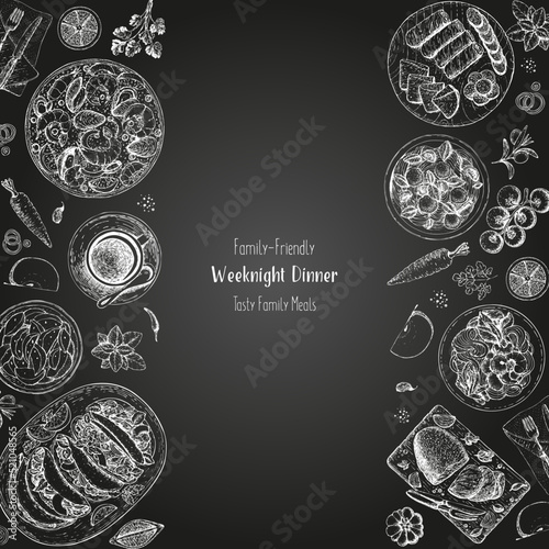 Family dinner top view, vector illustration. Friendly dinner table. Food menu. Engraved style background. Hand drawn sketch, design template.