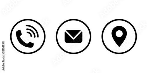 Vector set of flat service labels: mobile and phone; mobile call, envelop for mail and check in or pointer for place on the map