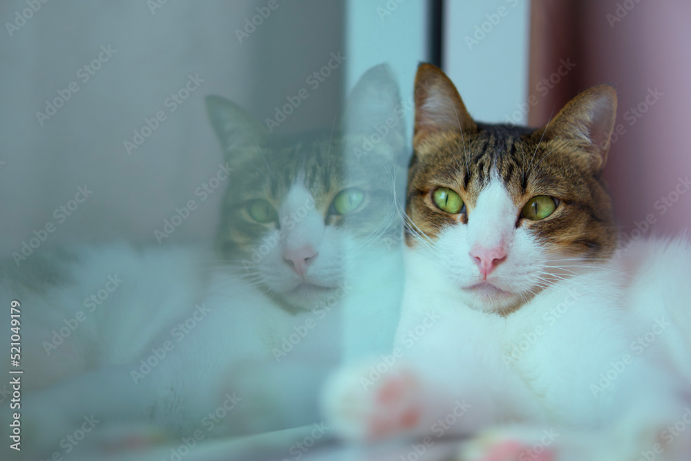 Female cat, Thai breed, lay beside the mirror, looking at the view outside the window, happily, and at ease, with trust, at close distance.
