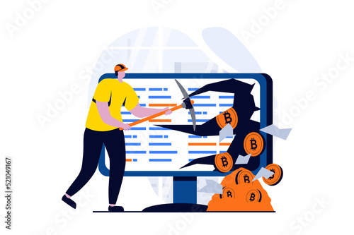Cryptocurrency mining concept with people scene in flat cartoon design. Man mines bitcoins with pickaxe, uses blockchain technology and computer equipment. Illustration visual story for web
