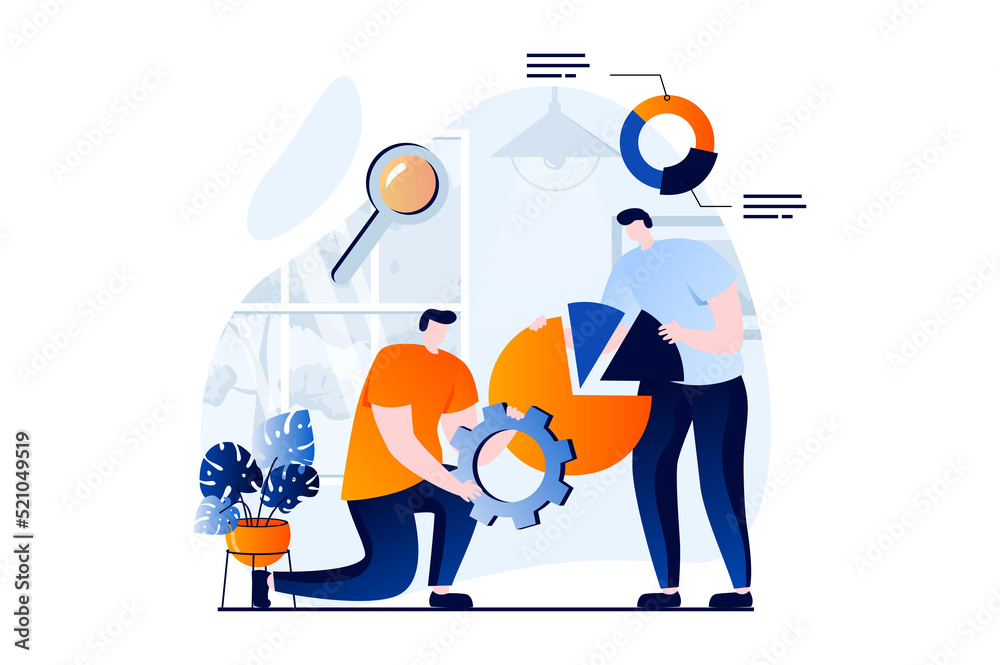 Data science concept with people scene in flat cartoon design. Scientists use charts and graphs for research work, work with databases, optimize and analyze. Illustration visual story for web Data science concept with people scene in flat cartoon design. Scientists use charts and graphs for research work, work with databases, optimize and analyze. Illustration visual story for web
