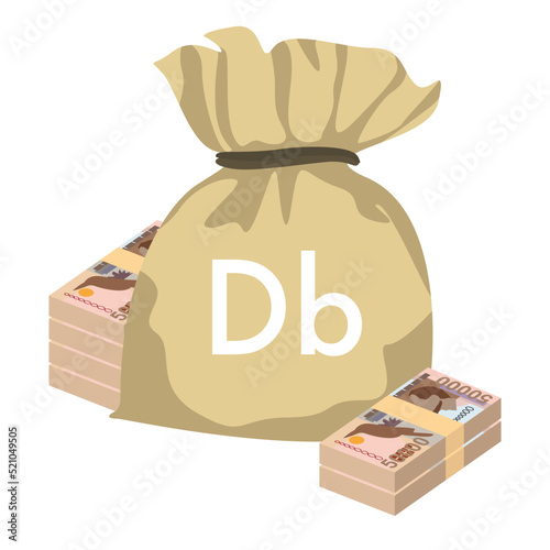 Dobra Vector Illustration. São Tomé and Príncipe money set bundle banknotes. Money bag 50000 Db. Flat style. Isolated on white background. Simple minimal design.