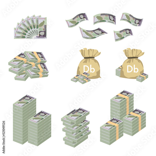 Dobra Vector Illustration. Huge packs of São Tomé and Príncipe money set bundle banknotes. Bundle with cash bills. Deposit, wealth, accumulation and inheritance. Falling money 100000 Db.