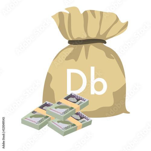 Dobra Vector Illustration. São Tomé and Príncipe money set bundle banknotes. Money bag 100000 Db. Flat style. Isolated on white background. Simple minimal design.