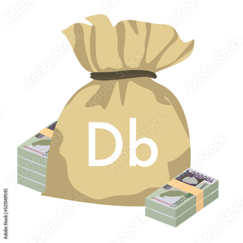 Dobra Vector Illustration. São Tomé and Príncipe money set bundle banknotes. Money bag 100000 Db. Flat style. Isolated on white background. Simple minimal design.