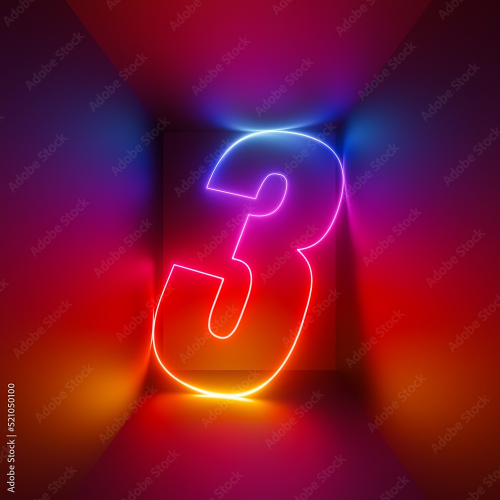 3d rendering, red blue neon number three, digital symbol inside square box glowing in infrared light 3d rendering, red blue neon number three, digital symbol inside square box glowing in infrared light