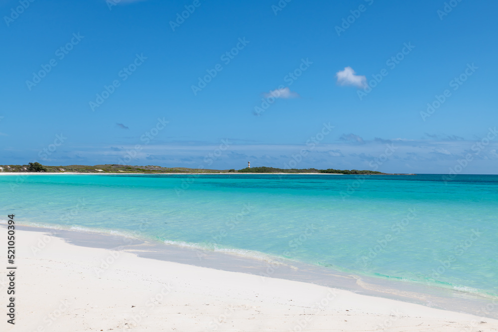 Los Roques Archipelago, Venezuela, 07.30.2022: white tropical beach in Cayo de Agua  (Water Cay).