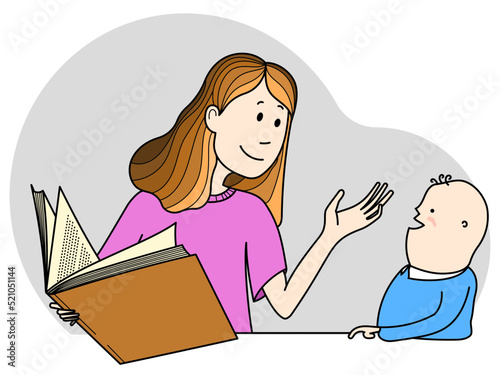 A volunteer girl teaches a boy with Down Syndrome. Colored flat vector illustration with outline.