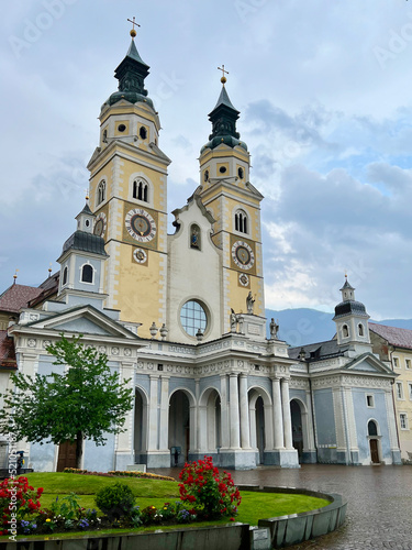 Grand and beautiful Catholic Cathedral with double towers in Bressanone, Italy