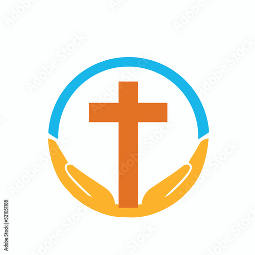 Hands holding Cross, icons or symbols. Religion, Church vector logo
