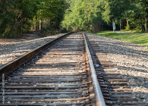 Railroad tracks through a park