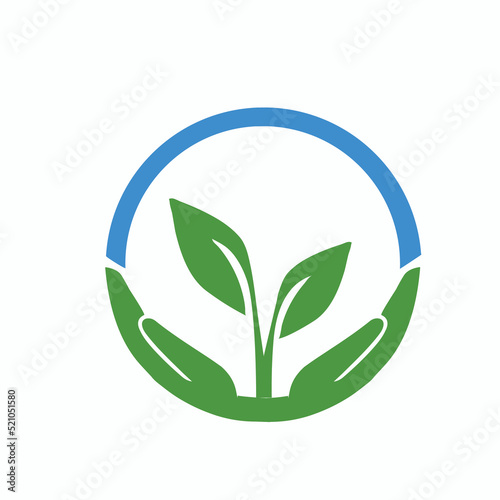 Natural product symbol with hands holding plant sprout for badges design, natural product, package or promotion design. Natural labels or organic labels green color.
