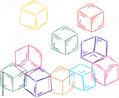 Hand drawn line toys. Doodle sketches. The review is illustrated with cubes. Vector illustration with colour cubes. 