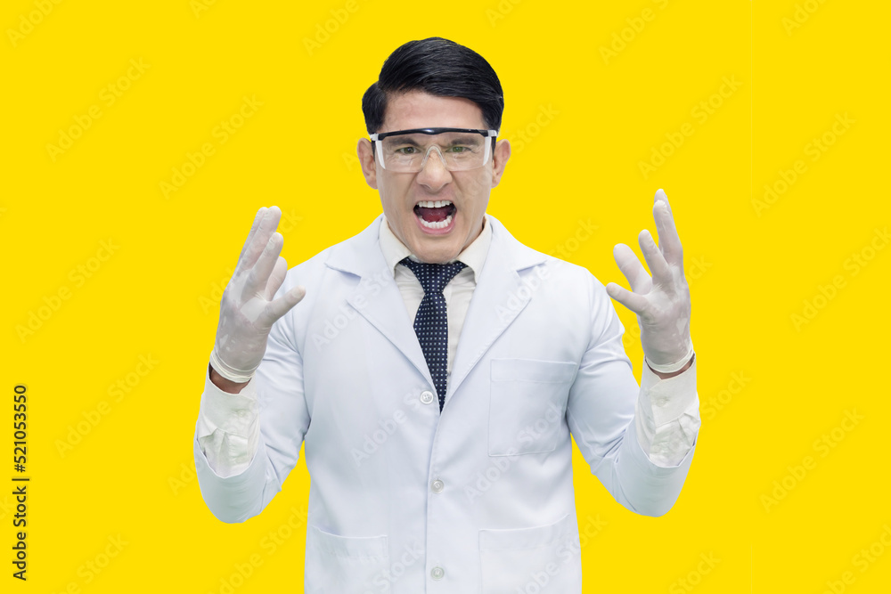Isolated Mad Scientist Raised his Hand and Shouting with Anger