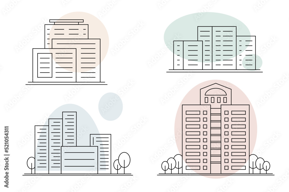 A set of Linear Icons of the Urban landscape, the contours of modern houses.