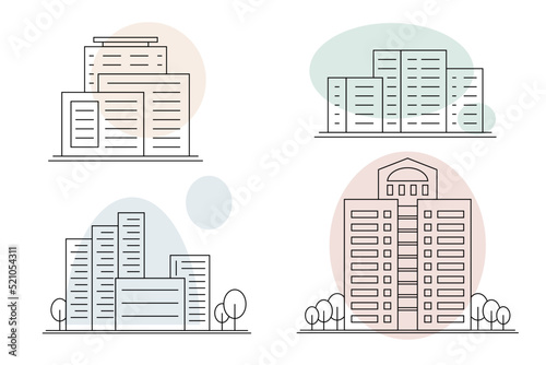 A set of Linear Icons of the Urban landscape, the contours of modern houses.