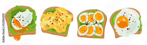 Egg sandwich healthy breakfast. Four bread slices with avocado and eggs. Vector illustration bright colors. Healthy food.