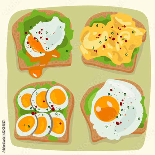 Egg sandwich healthy breakfast. Four bread slices with avocado and eggs. Vector illustration bright colors. Healthy food.