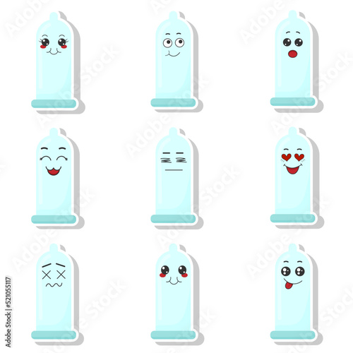Set of stickers funny condoms with kawaii emotions. Flat vector illustration of condoms with emotions isolated on white background.