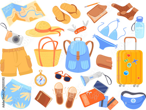 Touristic stuffs. Tourist lifestyle accessories, traveling rucksack luggage summer clothes travel trip recreation things camera passport bikini