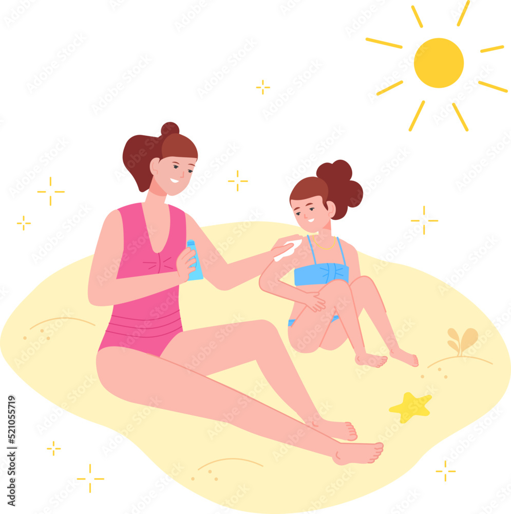 Mother applying sunscreen. Mom apply sunburn protection cream to baby skin of body or face, child skincare sunblock dermatology cosmetics on summer sun beach, vector illustration Mother applying sunscreen. Mom apply sunburn protection cream to baby skin of body or face, child skincare sunblock dermatology cosmetics on summer sun beach, vector illustration