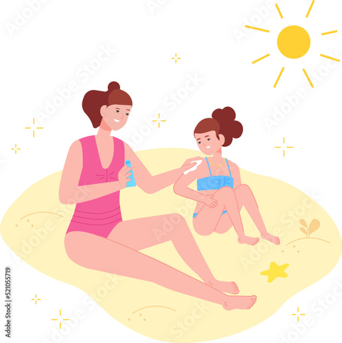 Mother applying sunscreen. Mom apply sunburn protection cream to baby skin of body or face, child skincare sunblock dermatology cosmetics on summer sun beach, vector illustration
