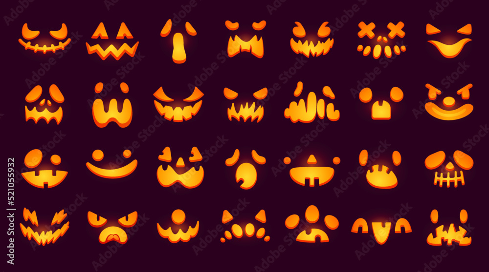 Glowing pumpkin faces. Glow eyes and teeth mouth of scary halloween creatures, jack-o-lantern carved spooky evil face or smile pumpkins emoji smiley, ingenious vector illustration Glowing pumpkin faces. Glow eyes and teeth mouth of scary halloween creatures, jack-o-lantern carved spooky evil face or smile pumpkins emoji smiley, ingenious vector illustration