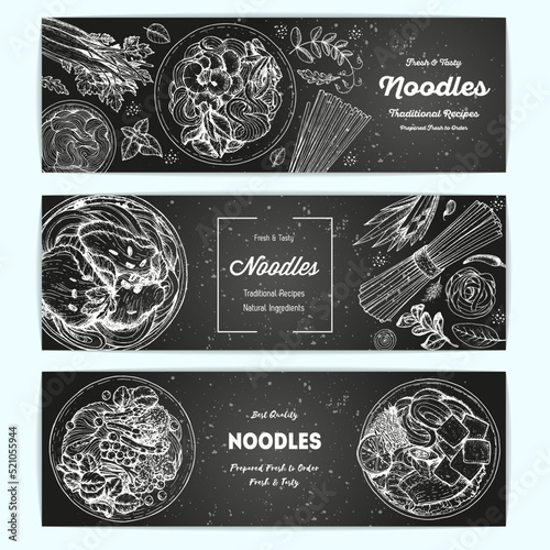 Asian food vertical banner collection. Noodle dishes set. Food menu design with cooked noodles . Vintage hand drawn sketch, vector illustration.