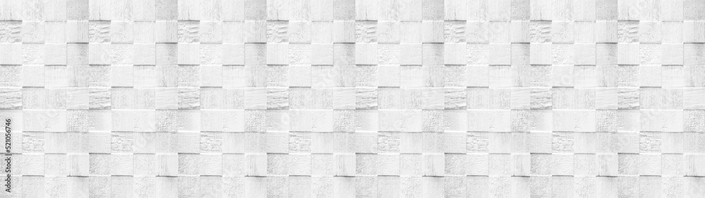 Fototapeta premium Abstract white stone concrete cement tile texture wall with 3d square cubes mosaic background wide panorama seamless