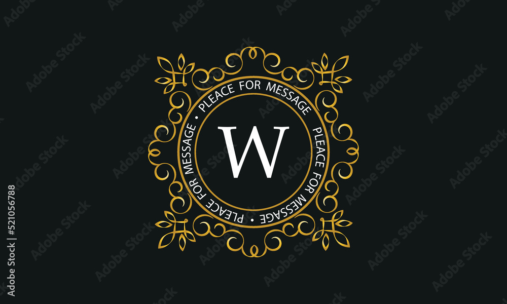 Luxury background of golden color and letter W. Template for design elements of ornament, label, logotype