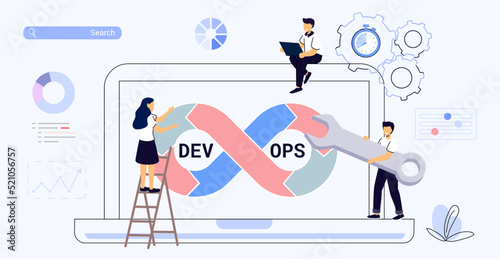 DevOps concept Tiny programmers practice development and Software operations Software engineering culture Computer system administration Design technology analysis Flat vector isolated illustration