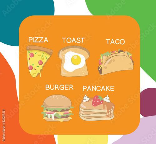 Cute meals flashcard. Pizza, toast, taco, burger, pancake game card. Vector illustration.