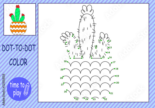 children's educational game, task. logic. connect the dots by numbers. mathematics. cactus. flower. plant.