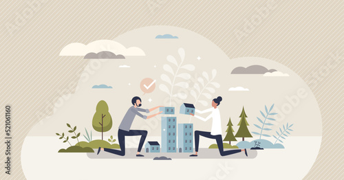 Sustainable communities and environmental house building tiny person concept. Home with nature friendly and clean resource consumption vector illustration. Using green materials for new real estate.