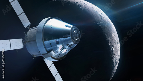 Orion spacecraft near Moon orbit. Spaceship in deep space. Artemis space miss...