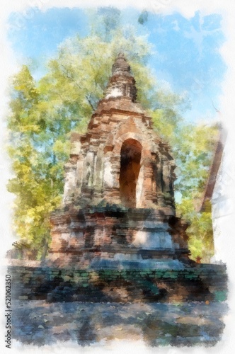 Ancient architecture of northern thailand watercolor style illustration impressionist painting.