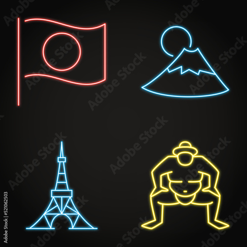 Japan traditional symbols neon icon set