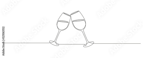 Continuous one line drawing of glasses of red wine. Minimalist holiday concept of celebrate toast and cheering drink in simple linear style. Editable stroke. Doodle Vector illustration